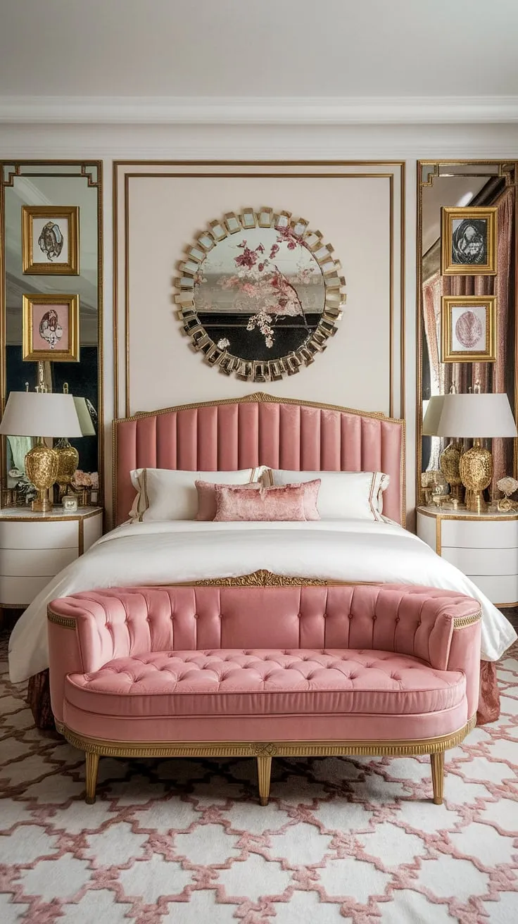 Indulge in the opulence of this Hollywood Regency haven. A symphony of white, gold, and blush pink, the room is a captivating display of vintage glamour. The king-size bed, adorned with a striking pink velvet headboard, is the centerpiece of this meticulously designed space. A stunning gold mirror and carefully chosen artwork complete the scene, creating an atmosphere of refined luxury and effortless sophistication. A sanctuary of pure escapism.