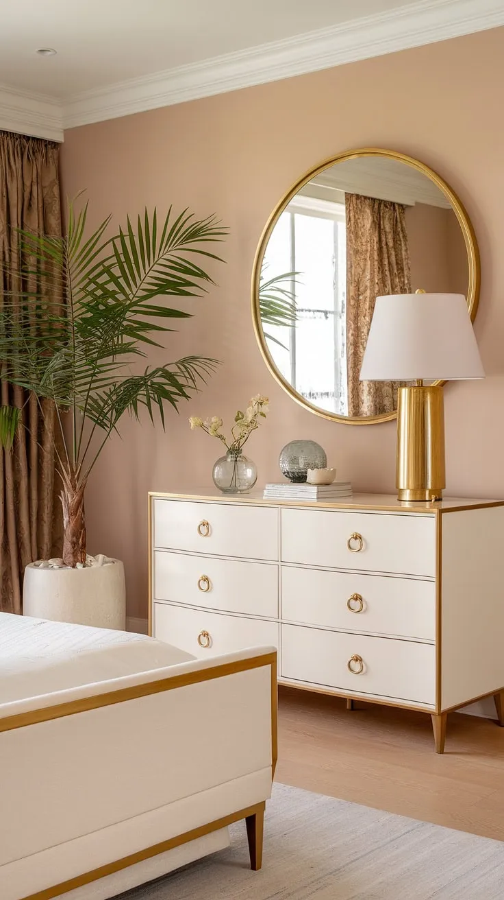Indulge in the luxurious details of this Hollywood Regency escape. The white-on-white furniture, punctuated by rich gold hardware and a statement mirror, exudes effortless chic. A tranquil retreat where elegance meets comfort.