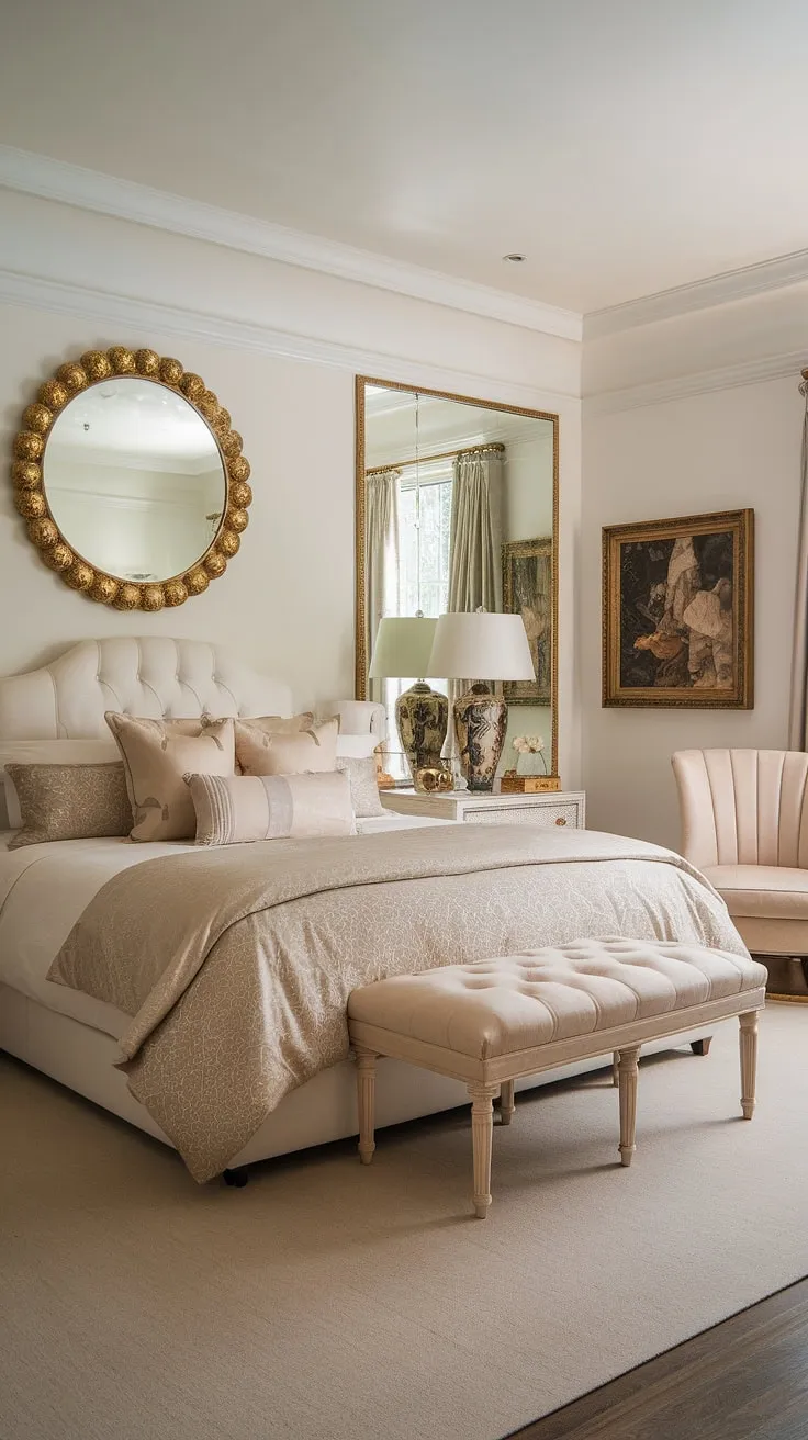 Step into a world of vintage glamour and effortless elegance. This Hollywood Regency bedroom, with its plush textures and shimmering accents, is a sanctuary of sophisticated comfort. The large round mirror, adorned with gold ornaments, adds a touch of old-world Hollywood charm, while the neutral palette creates a sense of calm and serenity. A perfect escape for those who appreciate timeless style and understated luxury.
