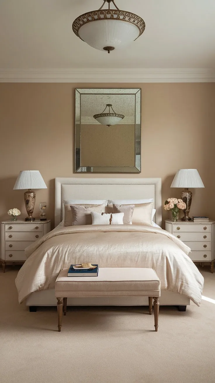 Indulge in the refined elegance of this Hollywood Regency bedroom. The creamy tones, plush bedding, and carefully curated accessories create a sense of calm sophistication. Every detail, from the mirrored wall to the carefully placed flowers, speaks to a life lived with grace and style. A true escape for the modern day star.