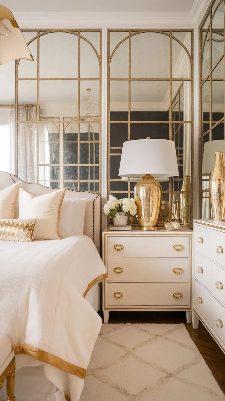 Indulge in the opulent allure of this Hollywood Regency bedroom. The rich textures, gleaming gold details, and carefully curated vintage pieces transport you to a world of Gatsby-esque glamour. Every detail, from the mirrored walls to the plush bedding, whispers of a sophisticated and unforgettable escape.