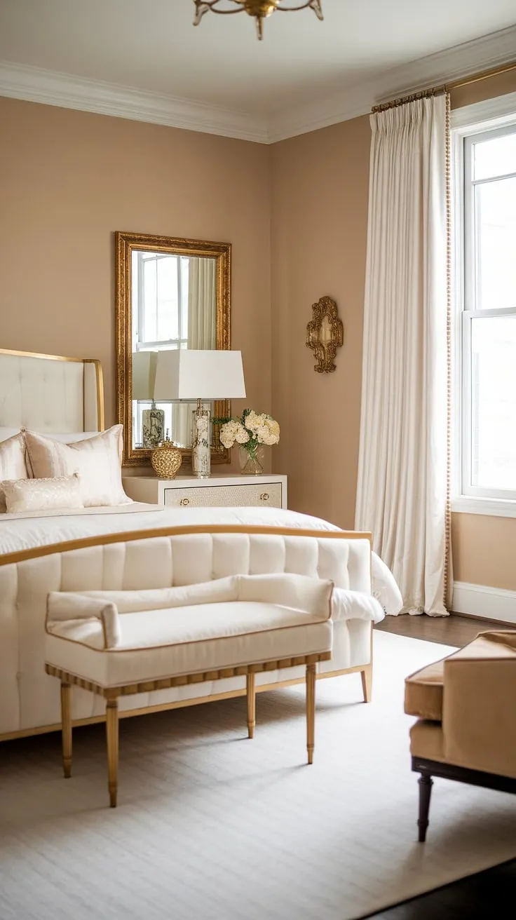 Step into a world of vintage glamour and effortless elegance. This Hollywood Regency bedroom, bathed in soft beige hues and accented with shimmering gold, is the epitome of sophisticated comfort. The luxurious details, from the ornate chandelier to the plush bedding, create a sanctuary of refined style.