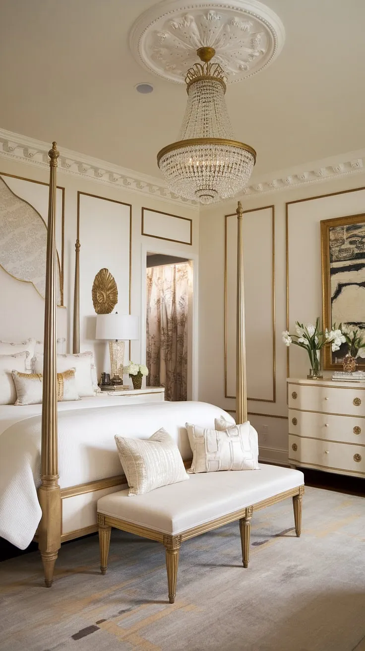 Step into a world of vintage glamour in this Hollywood Regency bedroom. The opulent four-poster bed, shimmering gold accents, and dazzling chandelier create an atmosphere of timeless elegance, a true testament to refined taste. A perfect sanctuary for dreams.