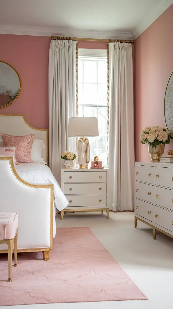 Step into a dream: This Hollywood Regency bedroom, bathed in soft pink light and adorned with gleaming gold accents, is the epitome of vintage glamour. The luxurious textures and elegant details create a space of unparalleled sophistication and tranquility. A haven of refined beauty, perfect for escaping the everyday.