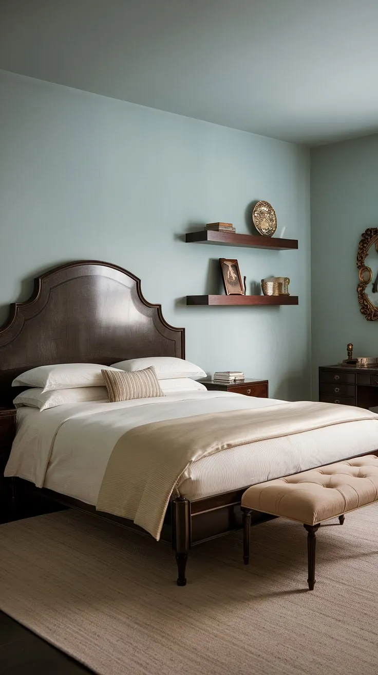Indulge in the luxurious serenity of this Hollywood Regency escape. The king-size bed, nestled on a plush rug, invites restful nights. Subtle details, like the floating shelves and the gentle light, contribute to an atmosphere of refined comfort and A sense of timeless sophistication.