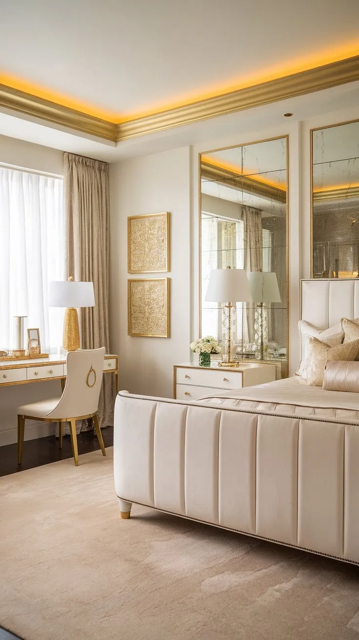Step into a world of vintage glamour in this Hollywood Regency bedroom. The plush white bed, gold accents, and elegant furnishings create a sophisticated sanctuary, perfect for escaping the everyday. A haven of calm and luxurious detail, this space is the epitome of refined elegance.