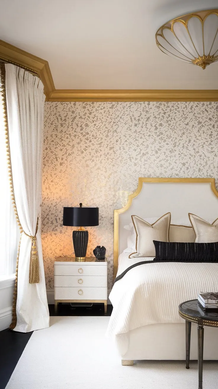 Indulge in the luxurious allure of this Hollywood Regency bedroom. The subtle gold detailing, from the headboard to the elegant lamp, adds a touch of old-world sophistication. A truly captivating space where modern comfort meets classic charm.