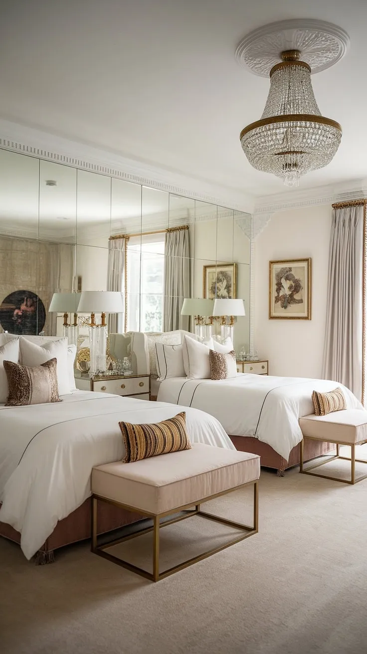 Step into a world of vintage glamour and Hollywood Regency elegance. The shimmering chandelier, gold accents, and plush bedding create an atmosphere of unparalleled luxury. A truly unforgettable escape.