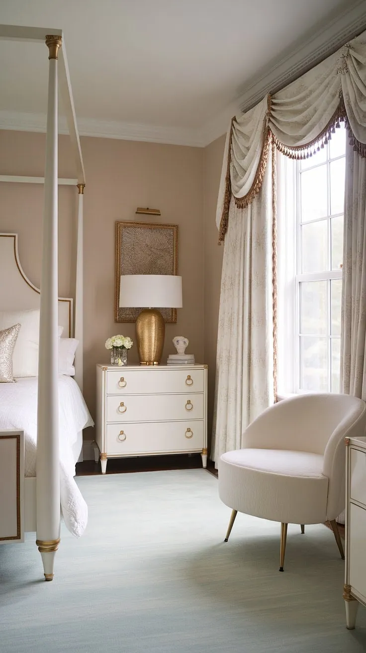 Indulge in the opulent charm of this Hollywood Regency bedroom. The white and gold palette, complemented by a serene blue rug, creates an atmosphere of sophisticated tranquility. Every detail, from the tasseled curtains to the elegant chair, speaks to a bygone era of glamour and refined taste. A dream escape awaits.