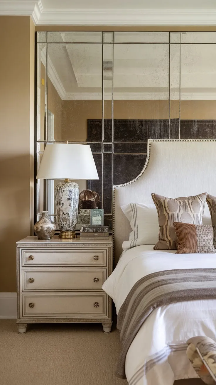Step into old Hollywood glamour. This bedroom's vintage elegance, with its plush king-size bed and perfectly placed accents, evokes a sense of timeless sophistication. The creamy walls and mirrored accents amplify the light, creating a sanctuary of refined luxury. A perfect blend of retro glam and modern comfort.