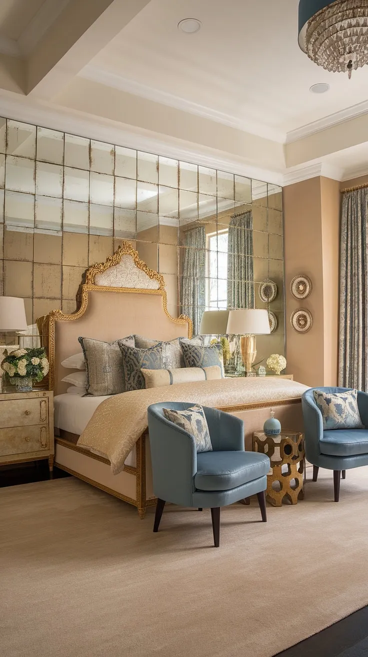 Step into Old Hollywood glamour. This bedroom, with its luxurious beige and gold palette accented by pops of sapphire blue, is the epitome of refined elegance. The ornate gold detailing, plush fabrics, and shimmering chandelier create an atmosphere of timeless sophistication. A true escape for the discerning eye.