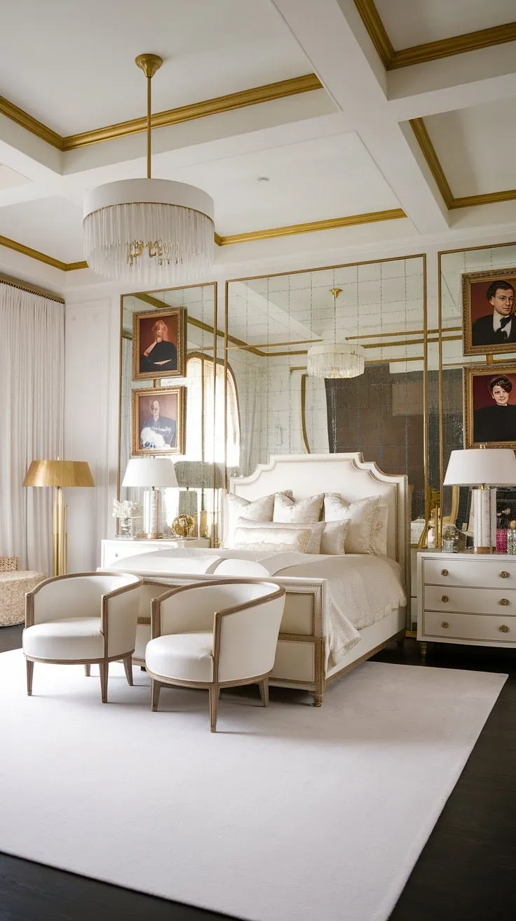 Step into Old Hollywood glamour. This vintage Regency bedroom, with its high ceilings, gold accents, and exquisite details, is a testament to timeless elegance. The luxurious white and gold palette, complemented by the stunning portraits, creates an atmosphere of refined sophistication. A true sanctuary of style.