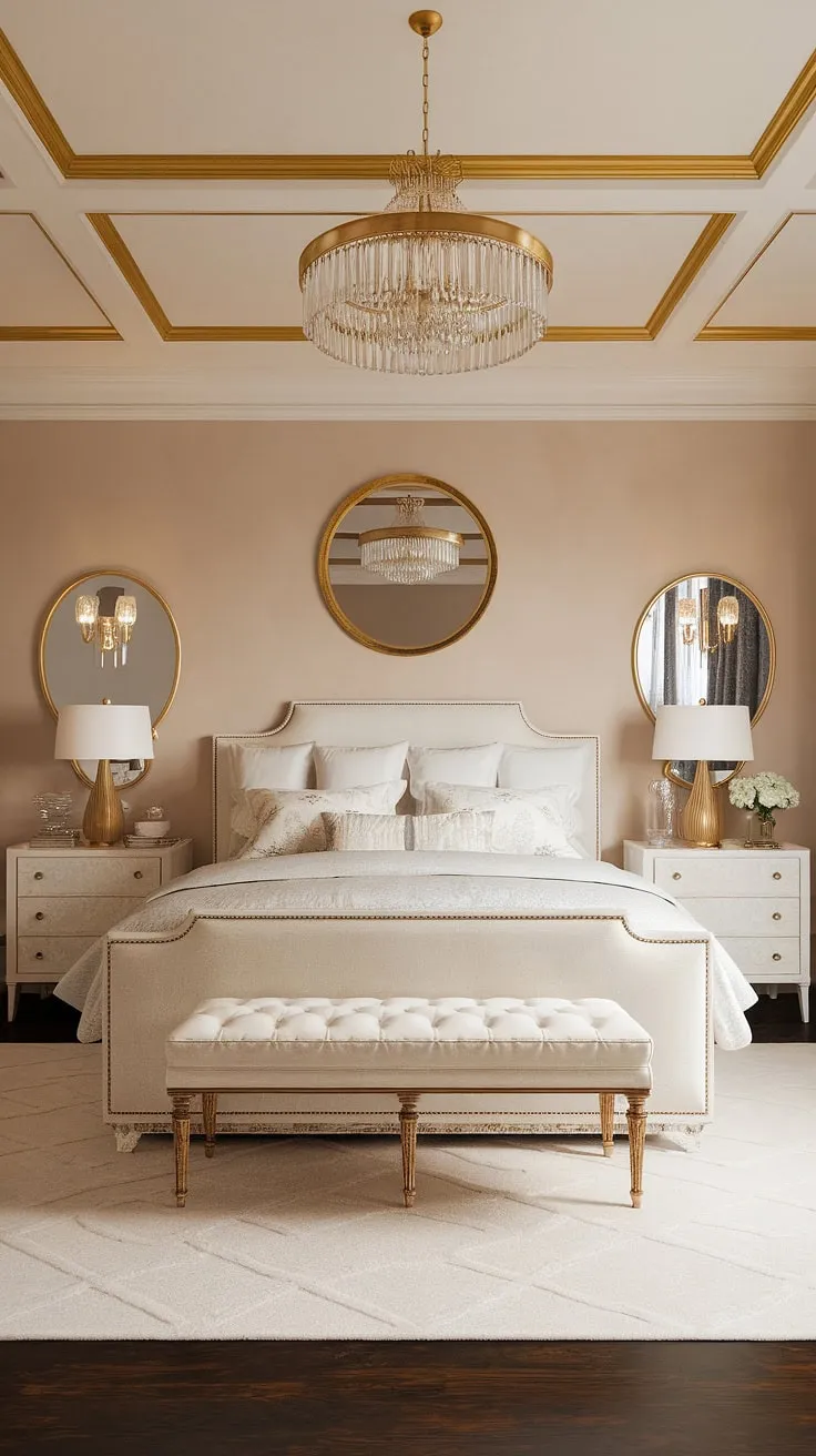 Indulge in the timeless allure of this Hollywood Regency haven. The luxurious king-size bed, complemented by a stunning gold mirror and elegant lighting fixtures, creates an atmosphere of unparalleled sophistication. A true escape, this bedroom is where dreams are made.