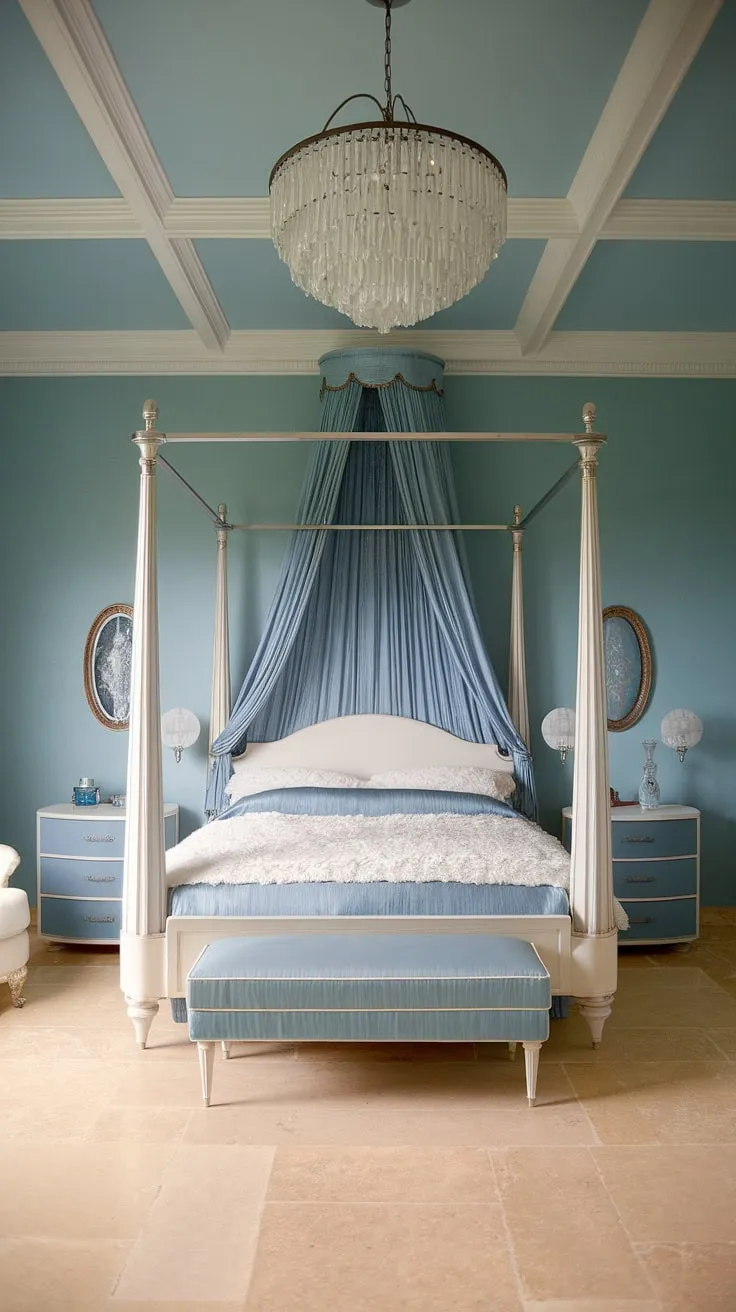 Step into a dreamy escape where Hollywood Regency elegance meets modern comfort. The light blue walls, crisp white trim, and luxurious four-poster bed create a haven of serenity, perfectly complemented by the subtle blue accents and plush textures. A true testament to timeless style.