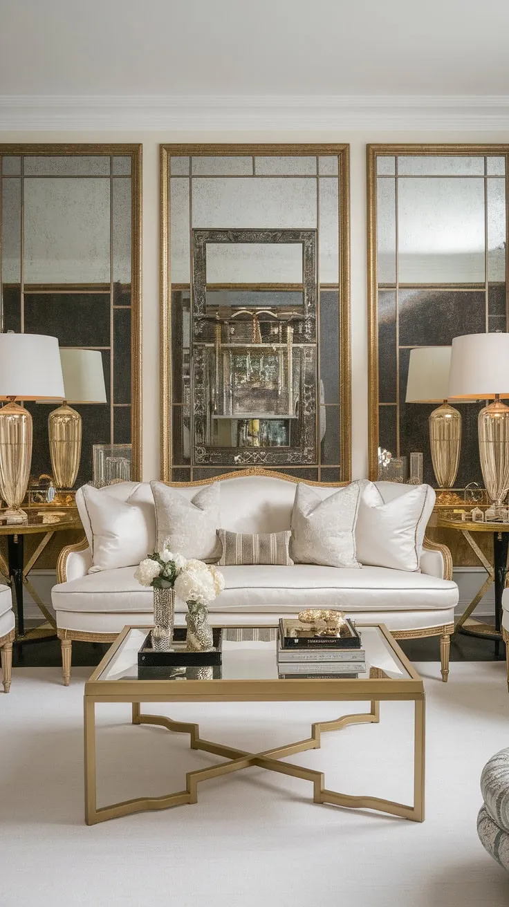 Indulge in the opulence of this Hollywood Regency haven. The interplay of gleaming gold and pristine white evokes a sense of effortless chic, reminiscent of the roaring twenties. Every element, from the elegant gold lamps to the luxurious white rug, contributes to an ambiance of unparalleled sophistication and refined taste. A true testament to the enduring allure of classic design.