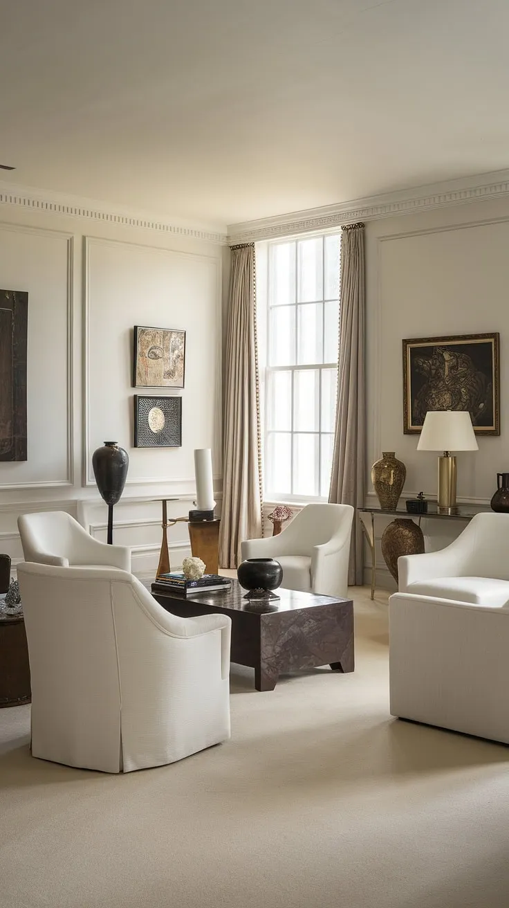 Step into an era of timeless elegance. This Hollywood Regency living room, with its Gatsby-inspired design, exudes sophistication through its crisp white furniture, plush beige carpet, and carefully curated artwork. The abundant natural light streaming through the window perfectly complements the airy atmosphere. A testament to refined taste and meticulous attention to detail.