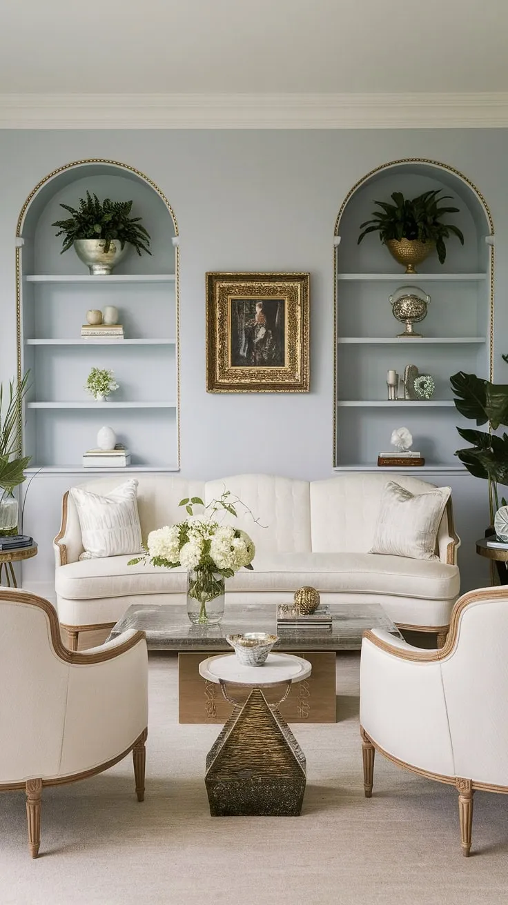 Step into a world of Old Hollywood glamour, where the pale blue walls whisper secrets of bygone eras and the plush white sofa invites you to linger. This Gatsby-inspired living room, a haven of refined elegance, is the epitome of Hollywood Regency style. The carefully curated details, from the shimmering accents to the lush greenery, create an atmosphere of timeless sophistication.