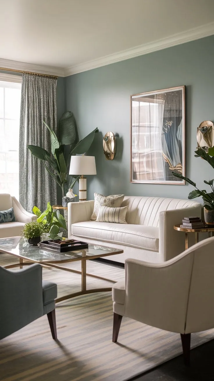 Step into a world of old Hollywood glamour. This living room, bathed in soft blue light, whispers tales of lavish parties and elegant soirées. The white sofa, plush seating, and carefully curated details create an atmosphere of timeless sophistication. A perfect blend of comfort and refined style, it's a space where memories are made.
