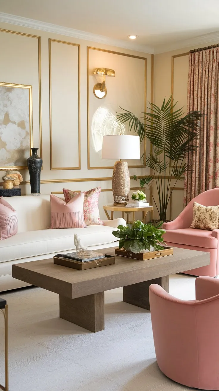 Indulge in the lavish allure of this Gatsby-inspired living room. The interplay of white and pink, the rich wood tones, and the subtle gold accents create a captivating space that whispers of champagne wishes and caviar dreams. Every element, from the comfortable seating to the carefully chosen accessories, contributes to an ambiance of refined luxury and effortless chic.