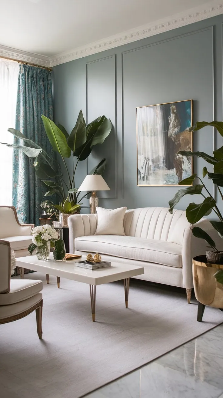 Step into old Hollywood glamour. This living room, bathed in soft blue light and featuring a pristine white sofa and marble floors, exudes timeless elegance. The carefully curated plants add a touch of nature's serenity to this sophisticated space. A perfect blend of classic and contemporary design.