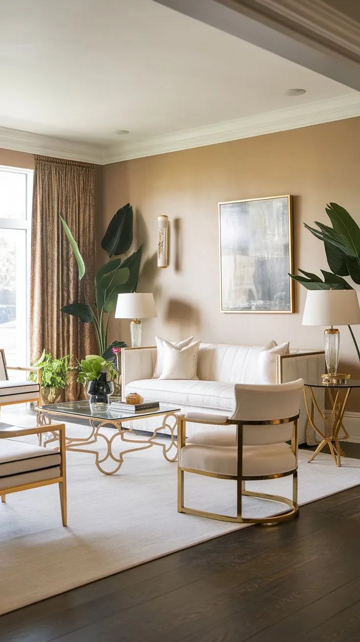 Bathed in soft light, this Hollywood Regency living room is a testament to refined taste. The interplay of white, gold, and dark wood creates a captivating atmosphere, a space where classic elegance meets modern comfort. A sanctuary of style.
