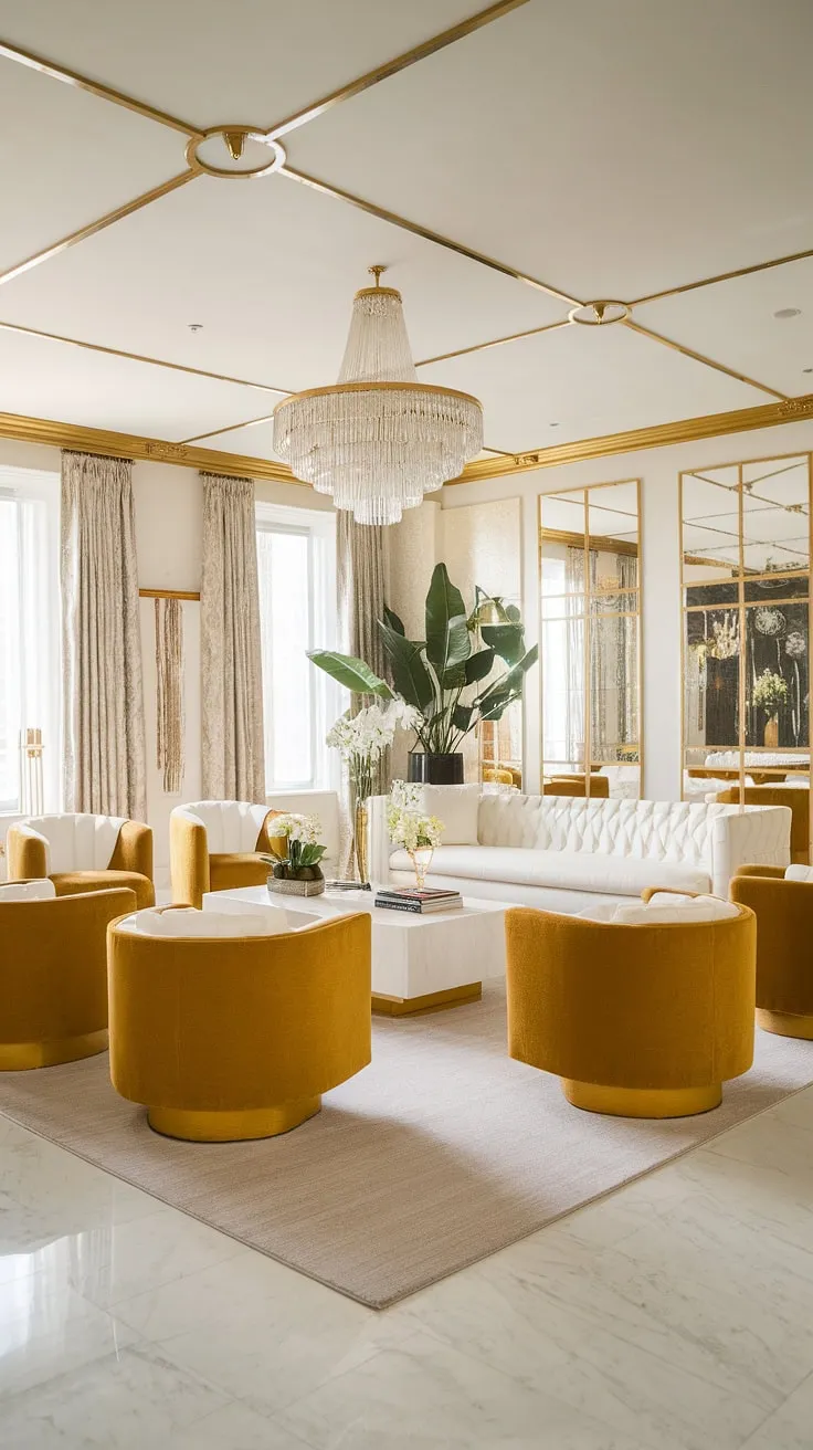 Step into a world of old Hollywood glamour, where the elegance of a Gatsby-era soirée meets modern luxury. The shimmering gold accents and plush white furnishings create an atmosphere of refined sophistication, a testament to timeless design.