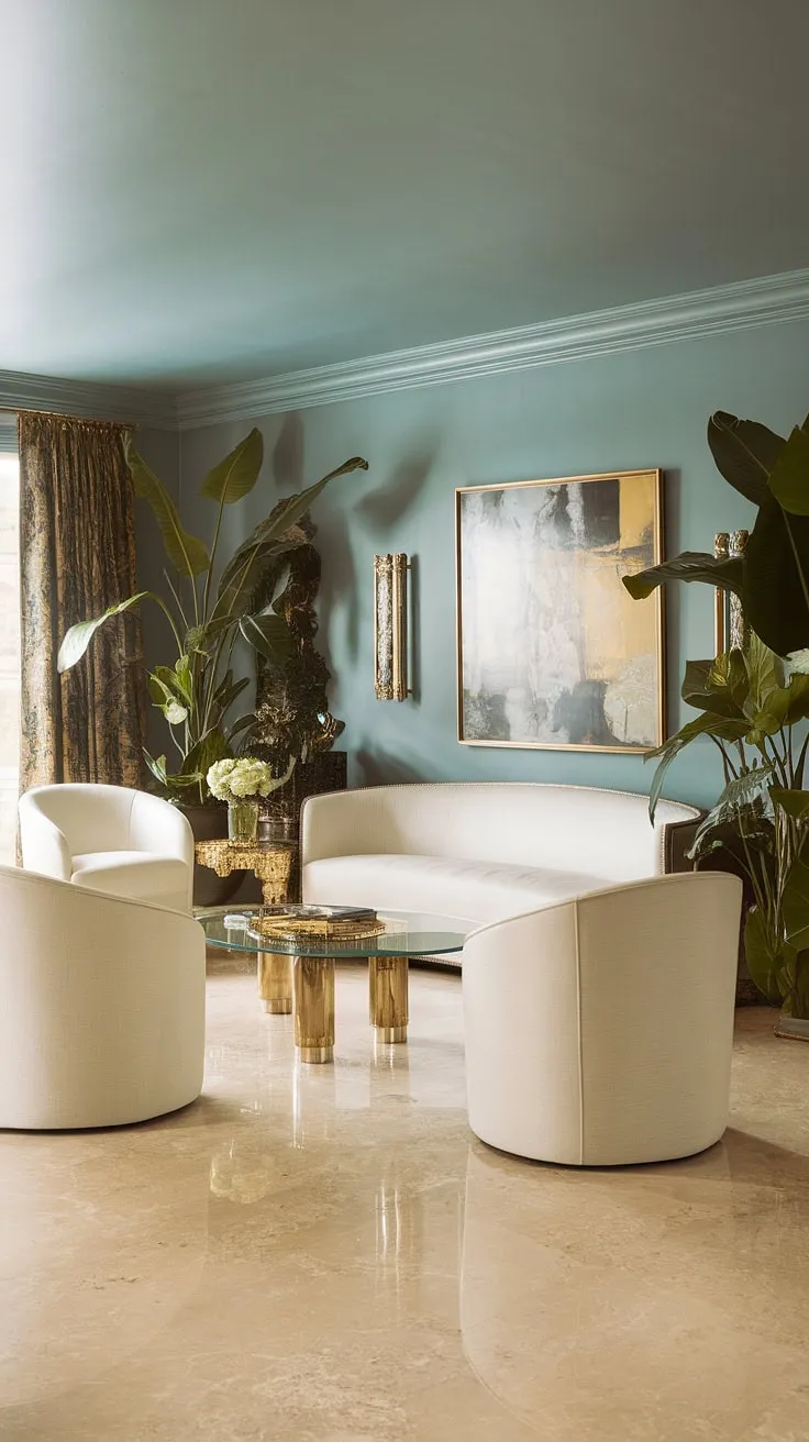 Step into old Hollywood glamour. The soft blue walls and beige marble floors create a serene backdrop for the elegant white furniture, lush greenery adding a touch of life to this sophisticated space. A perfect blend of timeless style and modern comfort.