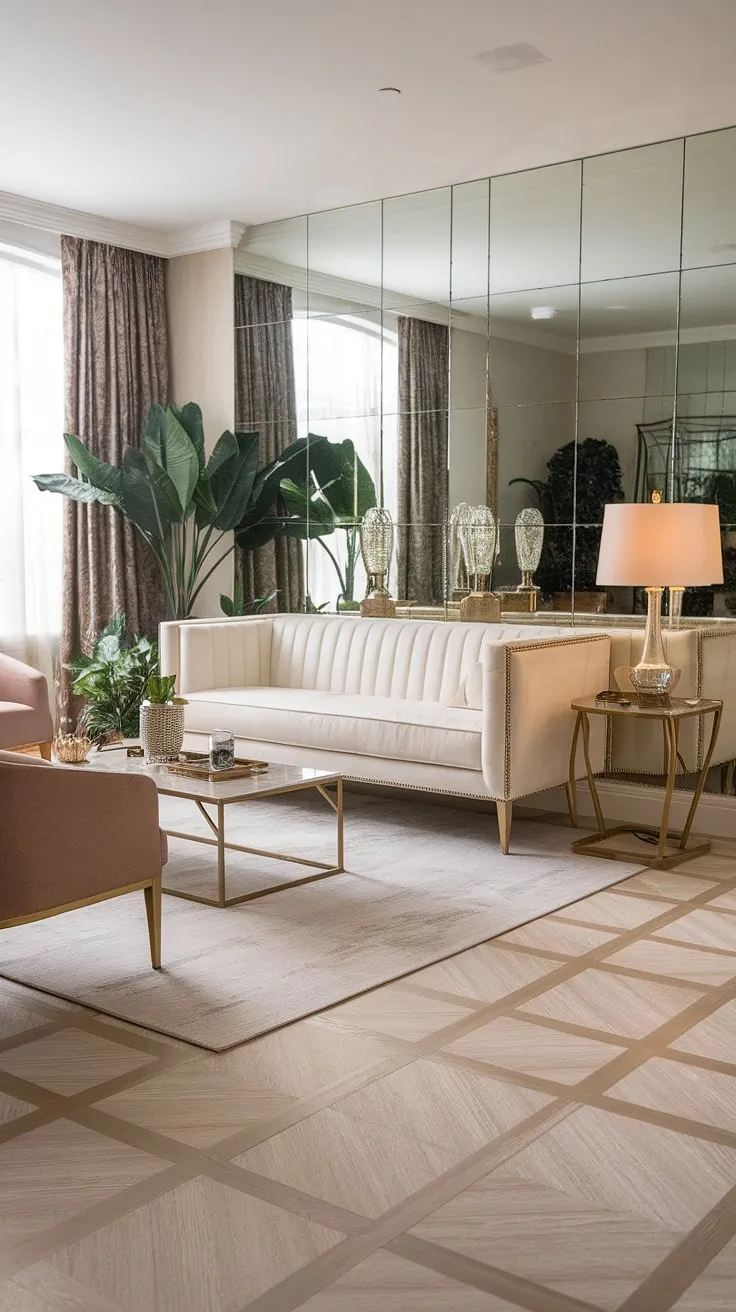 Step into old Hollywood glamour. This living room, with its white sofa and gold accents, perfectly captures the elegance and sophistication of the Gatsby era. The large mirror adds depth and reflects the luxurious details, creating a space that's both timeless and utterly captivating. A touch of greenery adds a refreshing contrast to the opulent surroundings.