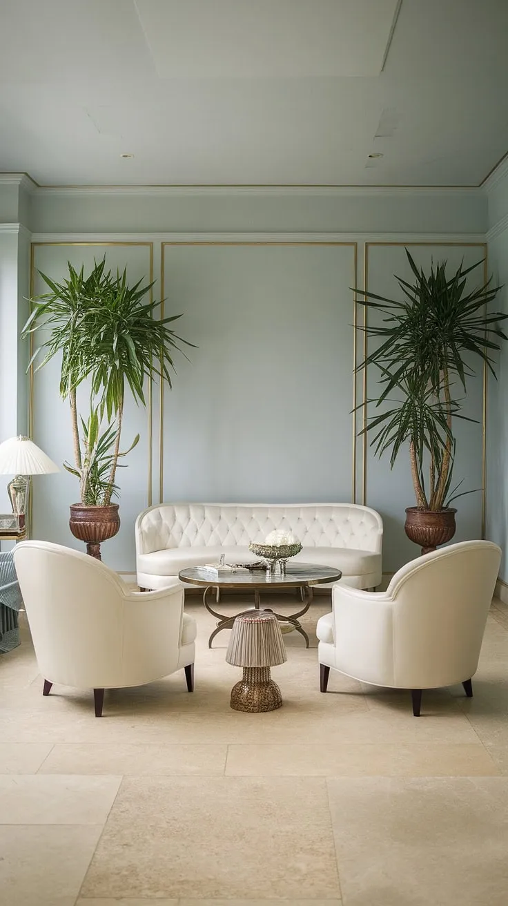 Step into old Hollywood glamour. This living room, bathed in soft blue light, exudes the elegance of a bygone era with its pristine white furniture and lush greenery. The subtle details, from the carefully chosen plants to the Art Deco-inspired lampshade, create an atmosphere of refined sophistication. A perfect blend of classic and contemporary design.