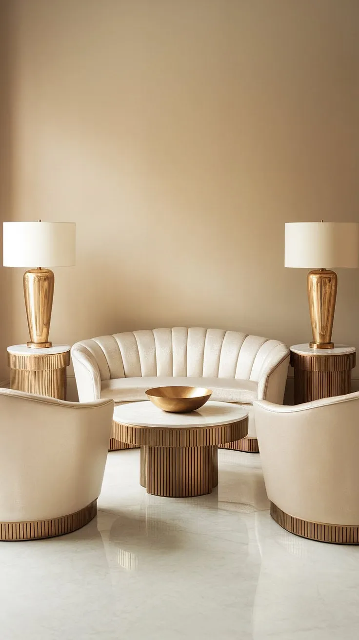 Imagine yourself lounging on this pristine white sofa, a golden cocktail in hand. This Hollywood Regency living room, complete with its gleaming marble floors and art deco-inspired lamps, is the epitome of refined luxury. The subtle details, from the golden bowl to the perfectly placed chairs, create an ambiance of effortless chic. A space where elegance reigns supreme.