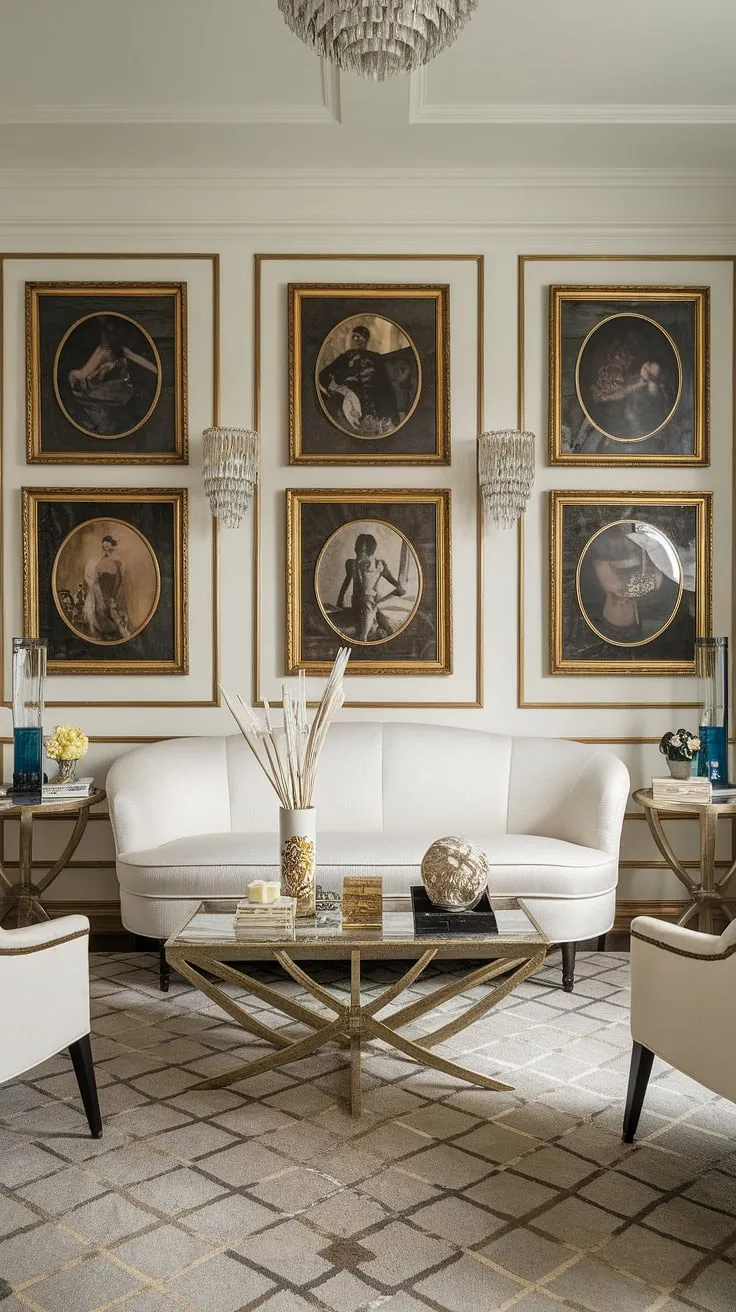 This Hollywood Regency living room is a breathtaking display of refined taste. A symphony of shimmering gold frames, luxurious textures, and carefully curated vintage pieces creates an atmosphere of unparalleled elegance. A perfect blend of classic and contemporary, this space is a true reflection of timeless style and sophisticated living.