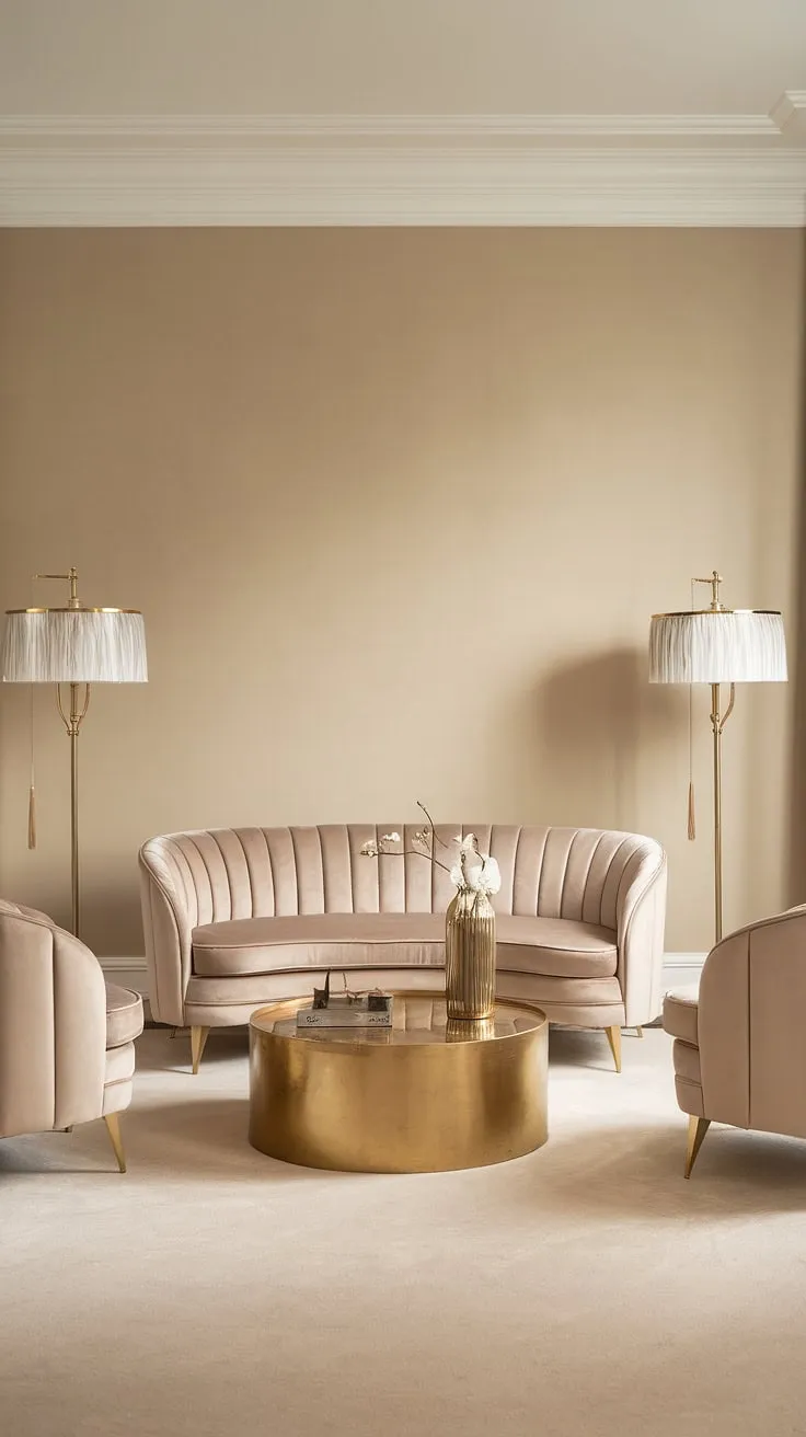 Step into Old Hollywood glamour. The soft beige palette, shimmering gold accents, and luxurious furnishings create an atmosphere of timeless elegance. A sophisticated sanctuary where memories are made.