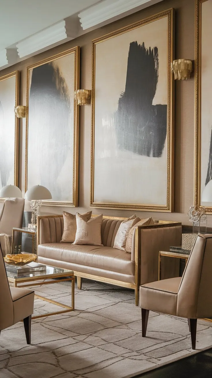Bathed in soft light, this Hollywood Regency living room exudes sophistication. The beige sofa, accented with gold, anchors the space, while abstract paintings in ornate gold frames add a touch of drama. A luxurious retreat where comfort and style intertwine seamlessly.