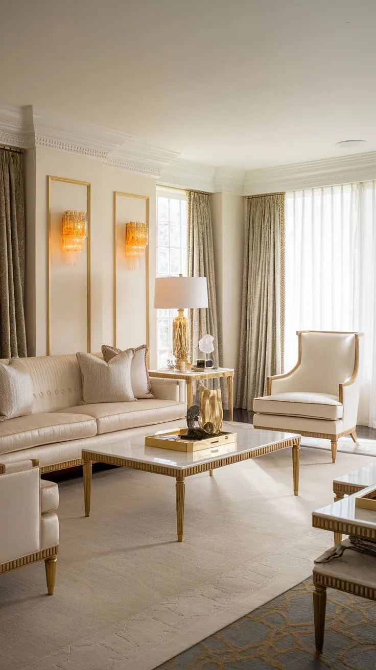 Indulge in the timeless allure of Hollywood Regency. This exquisitely appointed space, featuring a neutral color scheme punctuated by rich gold accents, captures the spirit of the roaring twenties. The carefully curated furniture, from the plush sofas to the elegant armchair, creates a haven of understated luxury. A testament to refined taste and impeccable style.
