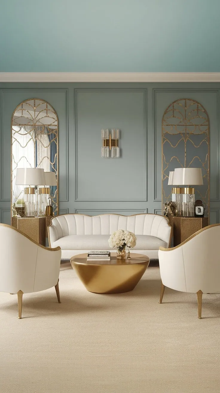 Step into a world of old Hollywood glamour. This Gatsby-inspired living room, with its soft blue walls and luxurious gold accents, is the epitome of refined elegance. The white sofa and chairs, perched atop gleaming gold legs, invite you to relax and soak in the opulent atmosphere. A perfect blend of classic and contemporary design.