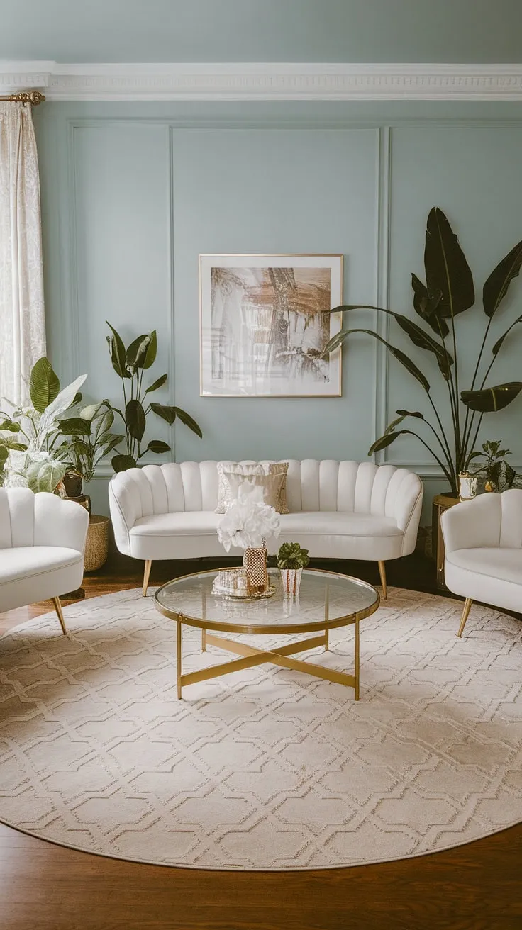 Step into a world of Old Hollywood glamour, where the elegance of Gatsby meets modern comfort. The soft blue walls, gold accents, and plush white seating create an atmosphere of refined luxury, perfectly complemented by the geometric rug and lush greenery. A haven of sophisticated style.