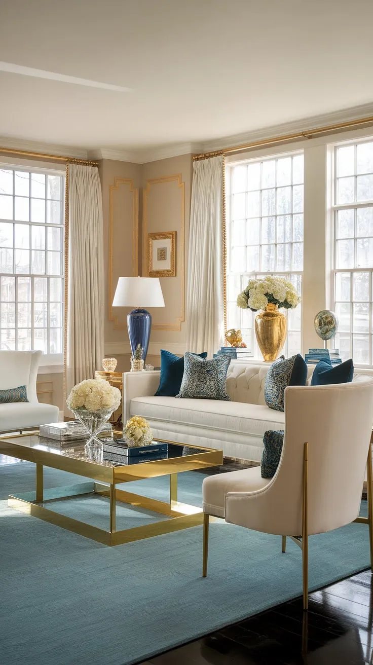 A breathtaking blend of Art Deco and Hollywood Regency, this living room transports you to the roaring twenties. The interplay of white, gold, and blue creates a vibrant yet serene ambiance. A perfect setting for intimate gatherings or quiet contemplation, this space is a testament to the enduring allure of classic design. A haven of understated opulence.