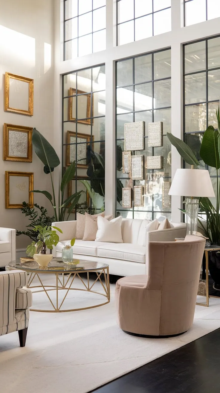 Imagine yourself hosting a dazzling soiree in this Hollywood Regency dream. The white sofa and beige chair invite guests to relax, while the glass-top coffee table reflects the room's sophisticated glow. Gold-framed art adds a touch of timeless elegance, and the abundant natural light streaming through the large windows creates a bright and airy atmosphere. A perfect blend of classic and contemporary design.