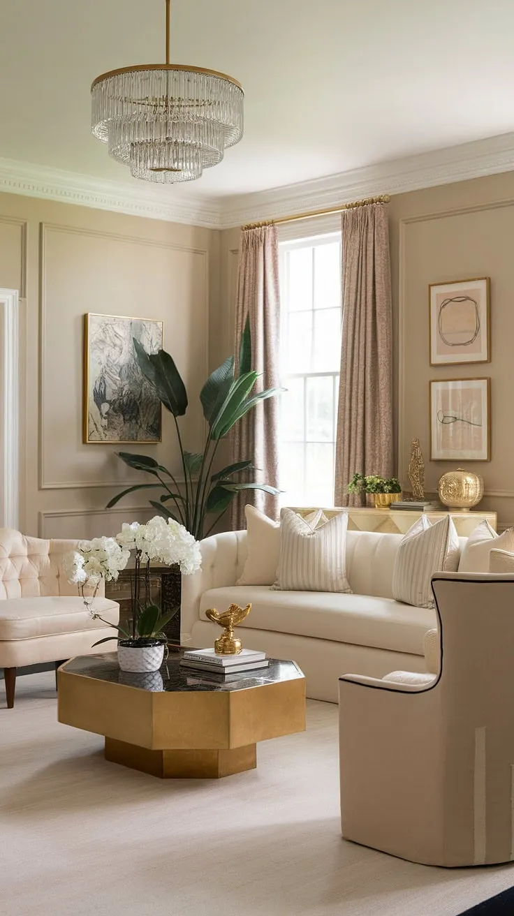 A haven of refined taste, this Hollywood Regency space seamlessly marries classic beige furniture with shimmering gold details. The result? A timeless ambiance that whispers of lavish parties and unforgettable nights.