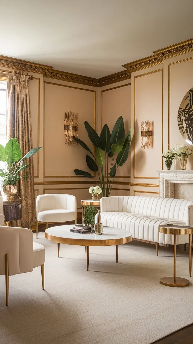 A captivating space where vintage Hollywood glamour meets modern sophistication. The interplay of white and gold creates a luxurious and inviting atmosphere, reminiscent of the golden age of cinema. A testament to refined taste and impeccable style, this room is a true sanctuary of elegance.