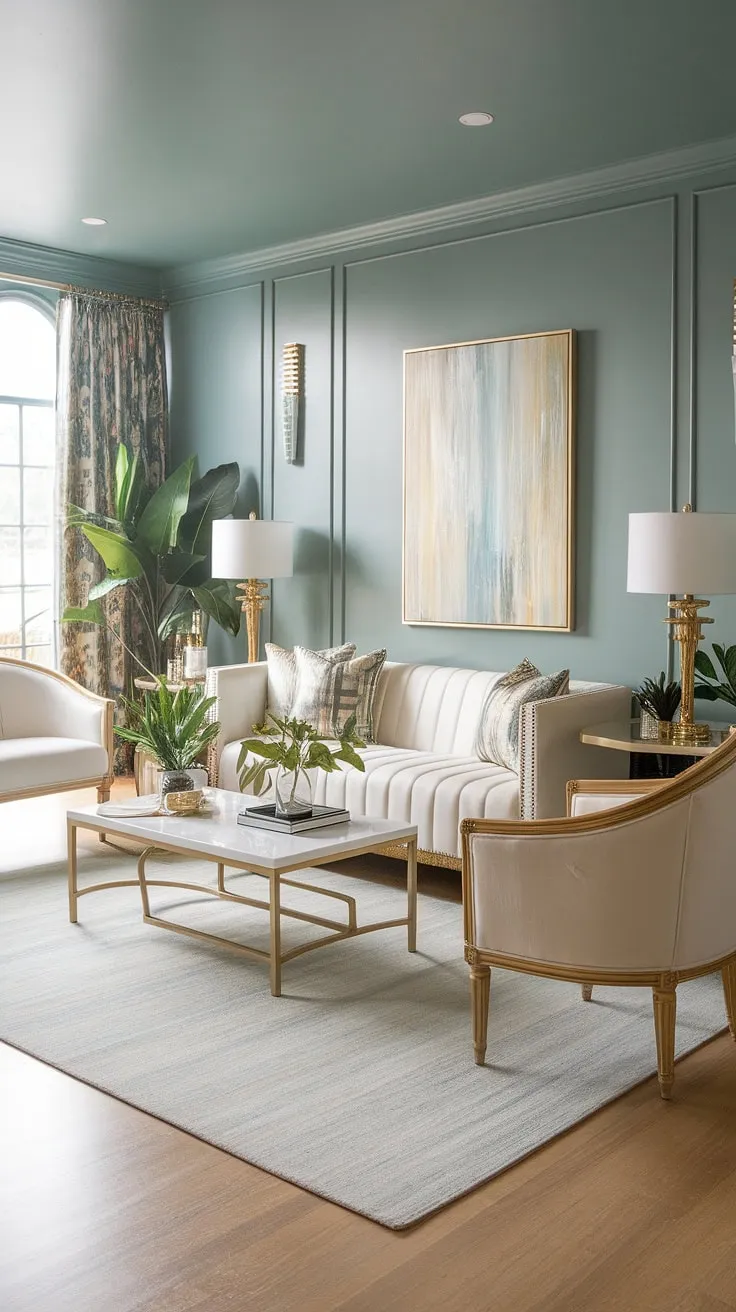 A symphony of white and gold, this Hollywood Regency living room evokes the timeless allure of the roaring twenties. The curved lines, luxurious fabrics, and carefully curated details create a space that is both opulent and inviting, a haven of refined elegance.