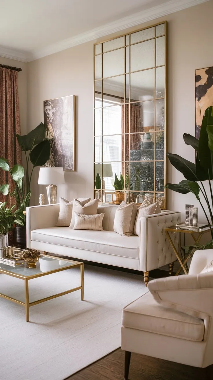 Step into a world of old Hollywood glamour. This Gatsby-inspired living room, with its luxurious white sofa, gleaming gold accents, and opulent artwork, is the epitome of refined elegance. The spaciousness and light, enhanced by the large gold-framed mirror, create an atmosphere of effortless sophistication.