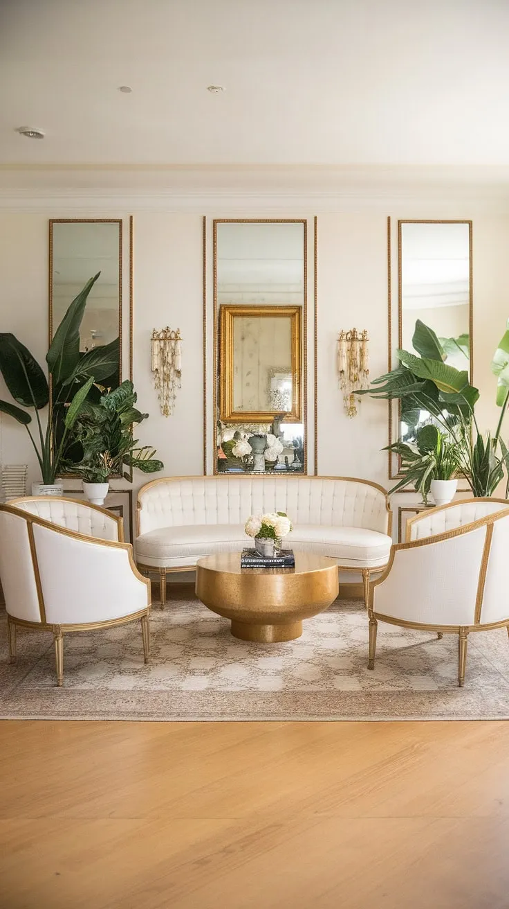 Step into a world of Old Hollywood glamour, where the soft lighting dances across a white sofa with gleaming gold legs, reflecting the opulent gold accents throughout this Regency-inspired living room. The carefully curated details, from the patterned rug to the potted plants, create an atmosphere of timeless elegance and sophisticated comfort. A true testament to refined living.