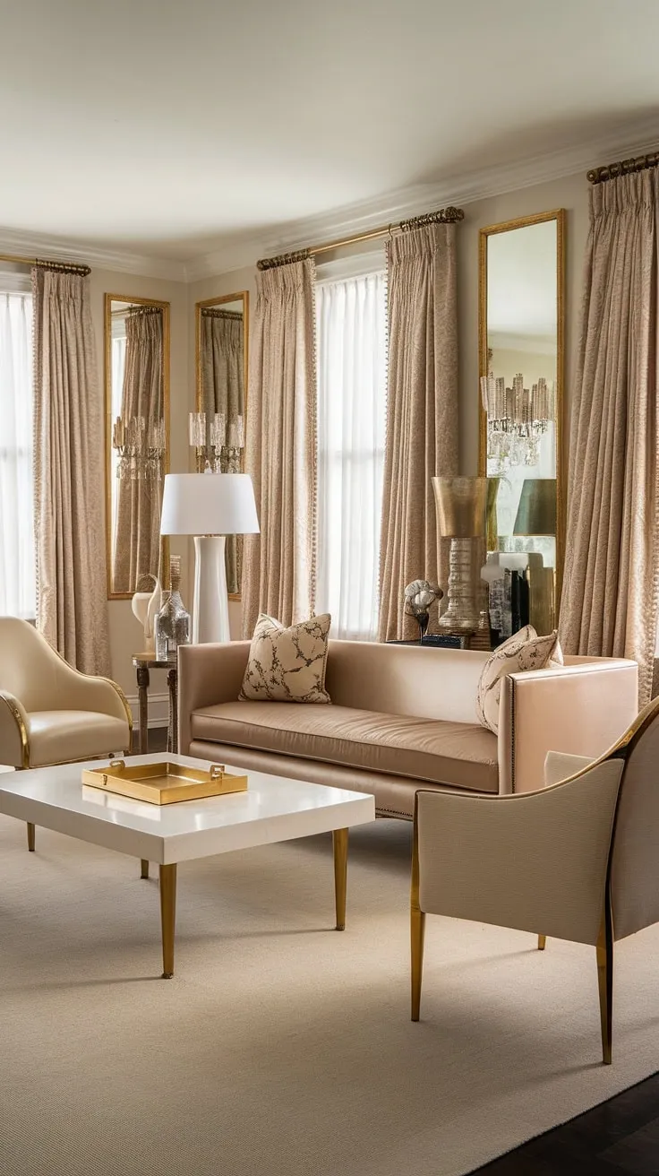 Step into a world of Old Hollywood glamour, where the soft beige palette of the sofa and rug is elegantly accented by gleaming gold legs and frames. The vintage atmosphere is effortlessly chic, a testament to timeless design. A perfect blend of sophistication and comfort.