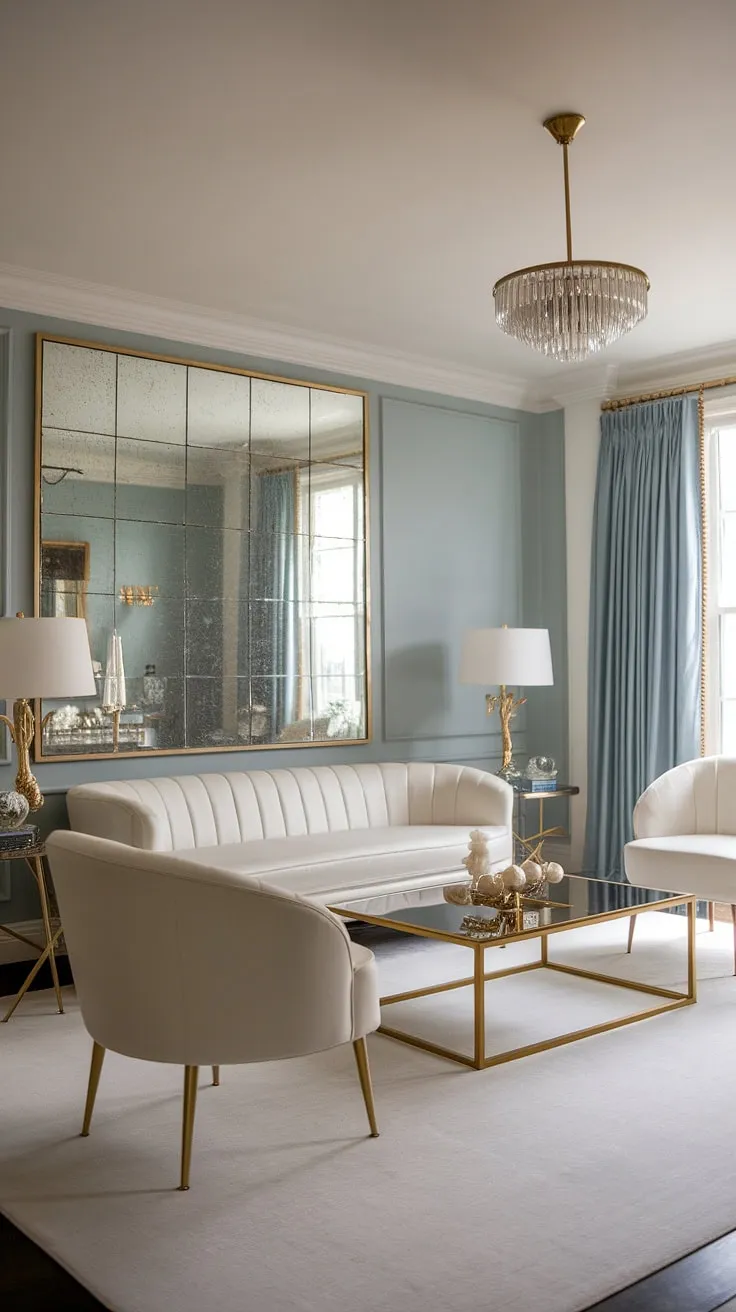Imagine yourself lounging on this plush white sofa, a glass of champagne in hand, surrounded by the refined elegance of a Hollywood Regency dream. The gold-legged furniture, the shimmering chandelier, and the perfectly placed mirror all contribute to the Gatsby-inspired atmosphere. This is more than just a room; it's a captivating scene from a timeless movie.