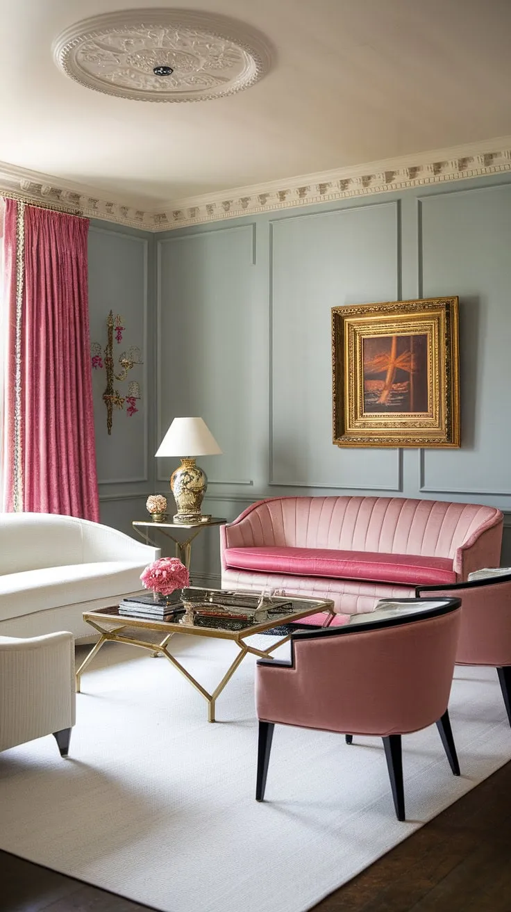 Bathed in soft light, this Hollywood Regency living room exudes a captivating charm. The interplay of pink and white, against the serene blue walls, creates a sophisticated atmosphere. Every detail, from the ornate ceiling to the carefully chosen furniture, speaks to a refined taste and an appreciation for classic elegance. A true haven of understated luxury.