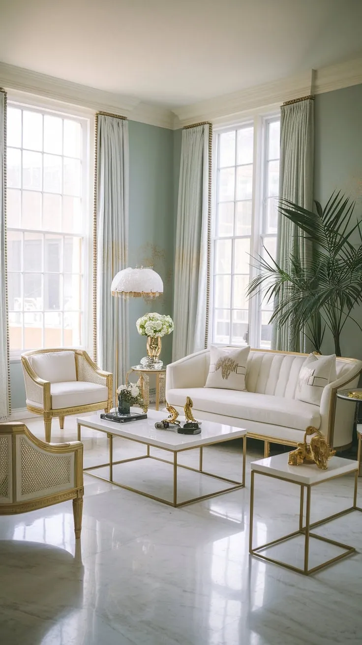Bathed in soft light, this Hollywood Regency haven exudes effortless chic. The interplay of white and gold creates a sense of airy elegance, while the carefully curated details-from the potted plant to the decorative items-add a touch of personality. A sanctuary of sophisticated comfort, this space embodies the spirit of A-list living.