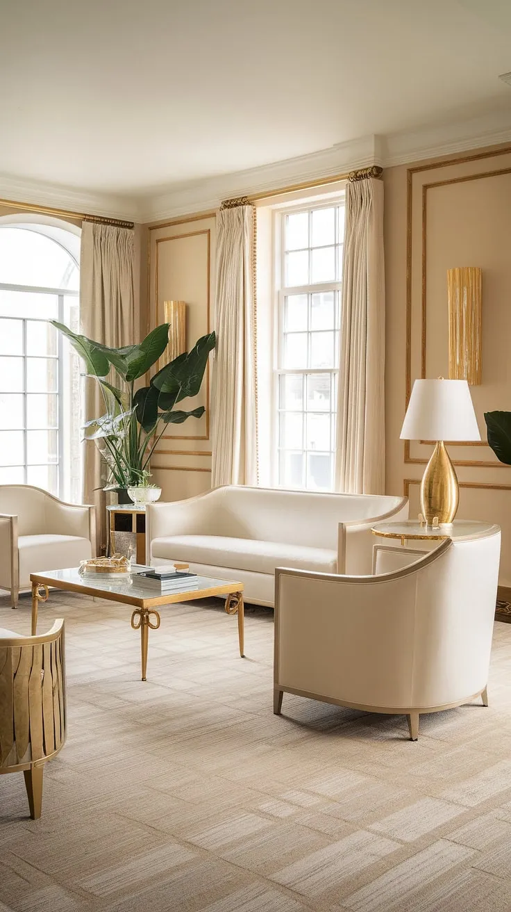 Bathed in soft light, this Hollywood Regency living room exudes timeless elegance. The creamy white sofa, gleaming gold details, and carefully curated accessories create a space that is both luxurious and inviting. It's the perfect setting for an evening of cocktails and captivating conversation, a true testament to refined taste.