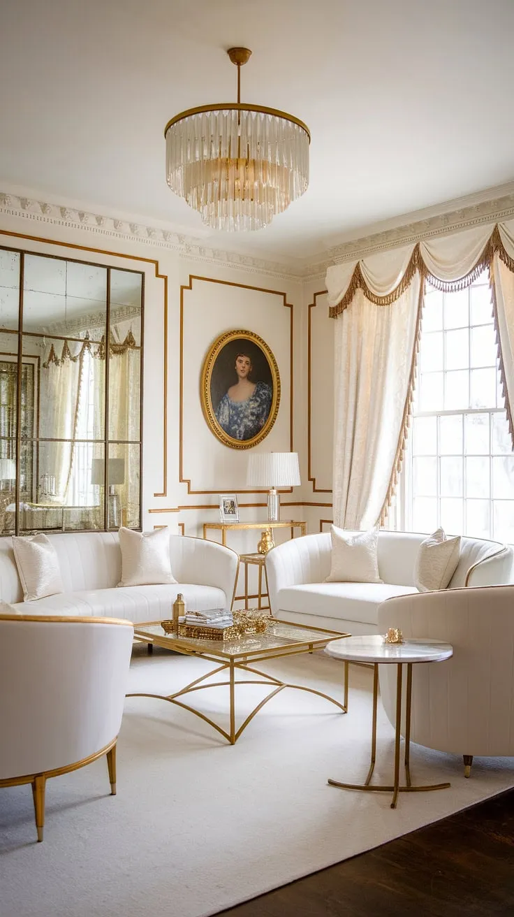 Step into Old Hollywood glamour. This living room, bathed in a white and gold palette, exudes refined elegance with its luxurious textures and vintage details. The shimmering chandelier and gilded accents create a captivating atmosphere, while the portrait of a stunning woman in blue adds a touch of timeless mystique. A perfect blend of sophistication and timeless style.