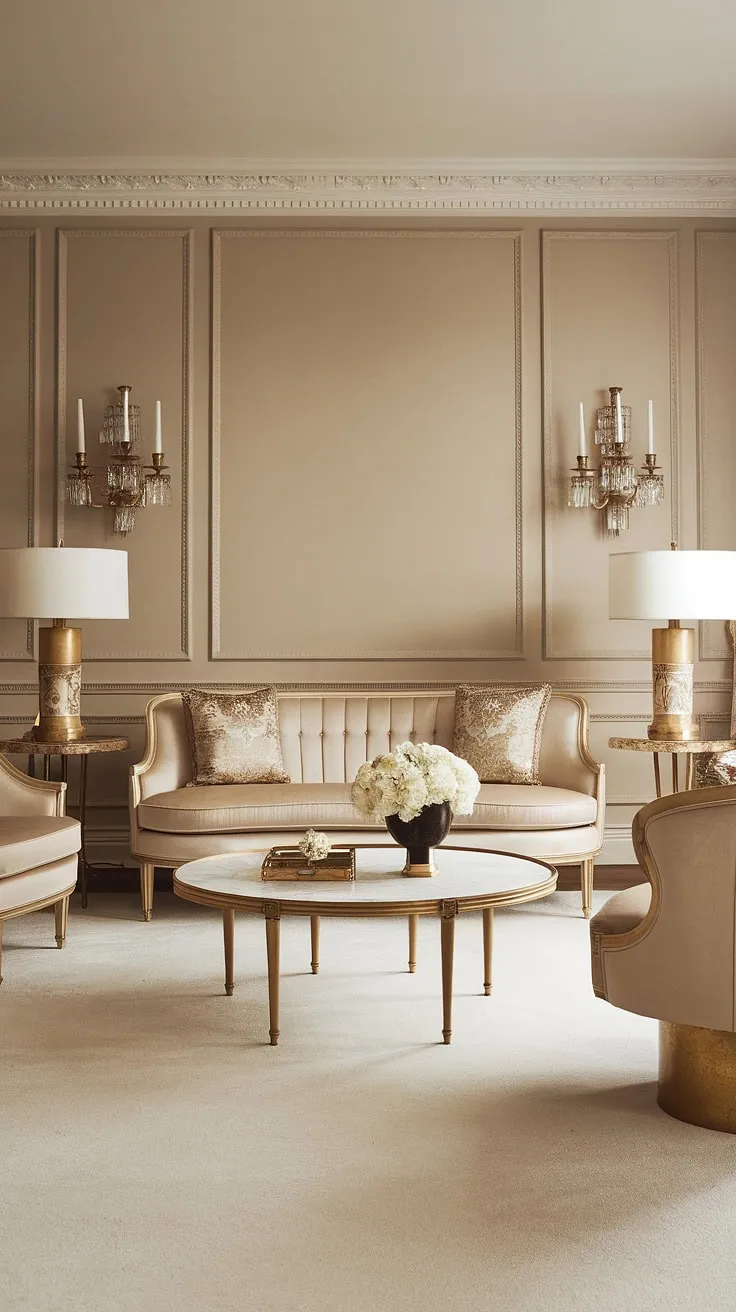 Step into a world of Old Hollywood glamour, where the elegance of Gatsby-era design meets the warmth of a luxurious living room. The soft beige palette, accented with shimmering gold, creates an atmosphere of timeless sophistication. A perfect blend of vintage ambiance and modern comfort.